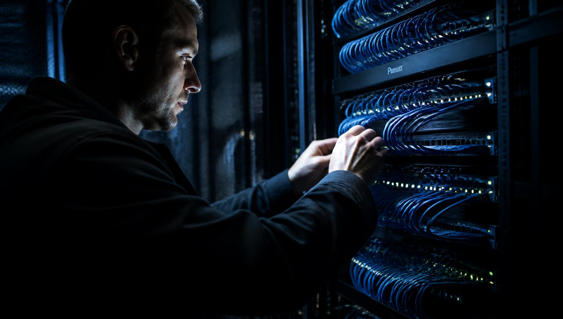 Technician working inside a commercial network rack with structured cabling